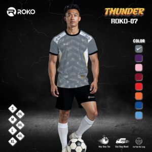 Áo đá bóng ROKO-07 Thunder màu xám trung tính - thiết kế họa tiết sấm sét 3D mạnh mẽ